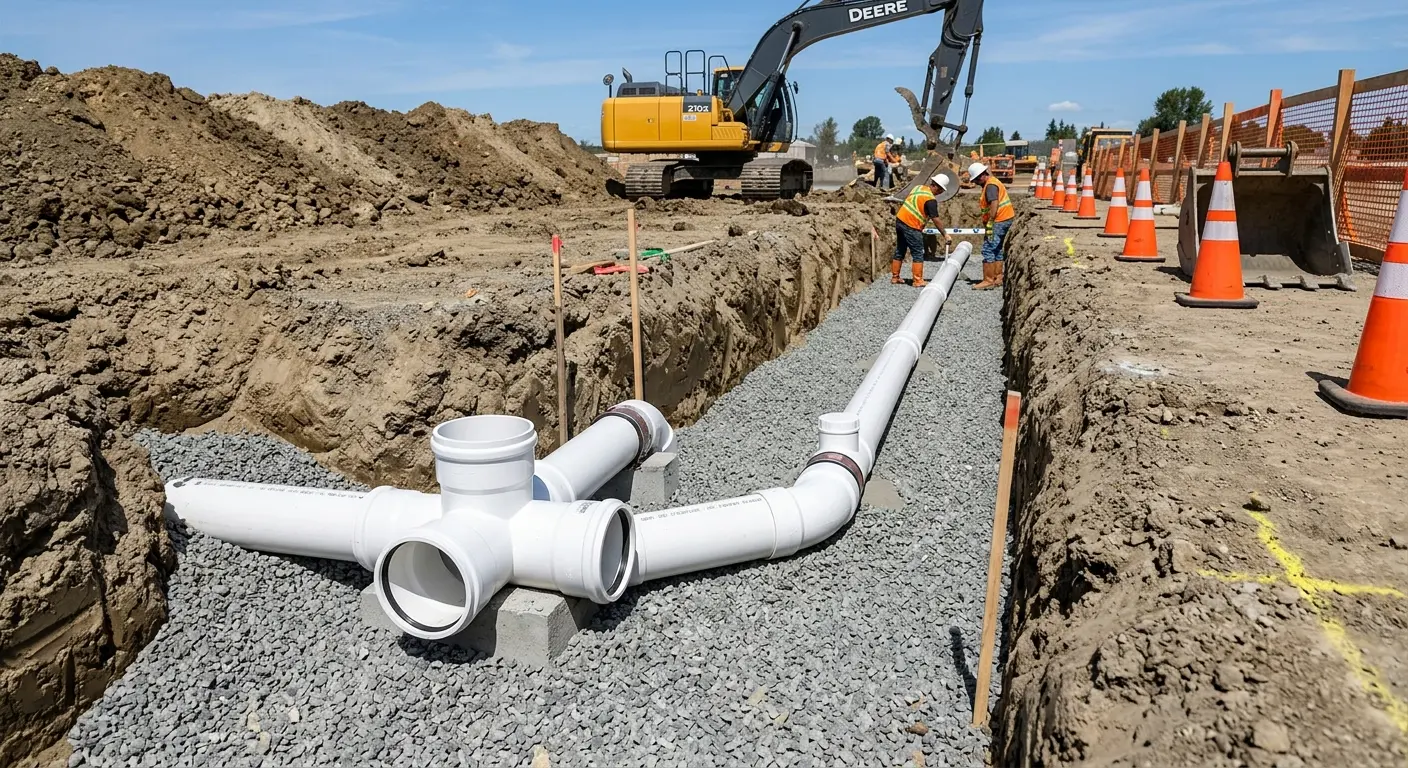 New PVC sewer pipe installation in open trench for Sewer Backup in Herrin