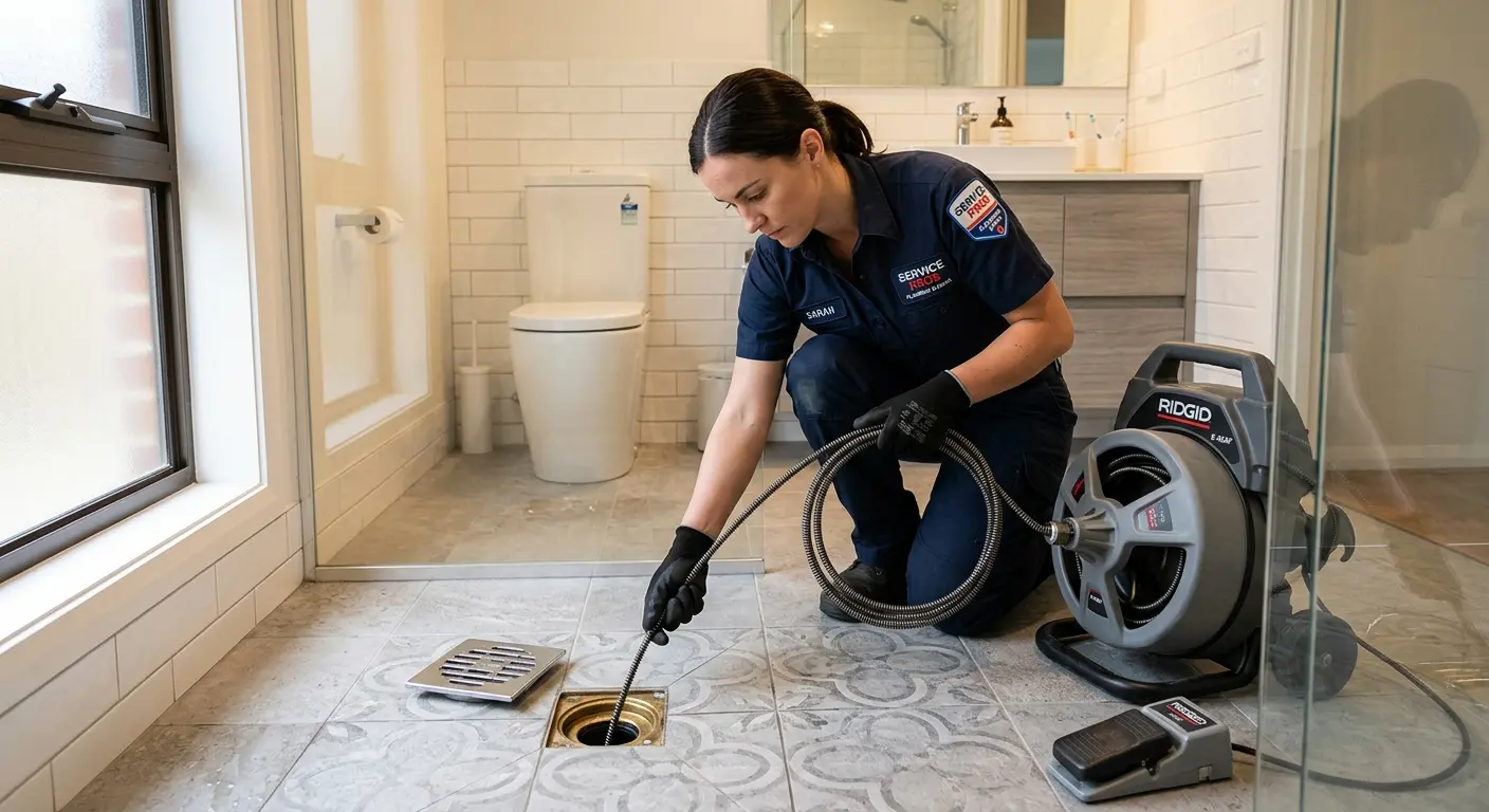 Technician clearing a bathroom floor drain for Drain Cleaning in Herrin